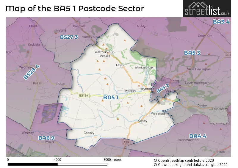 Map of the BA5 1 and surrounding postcode sector