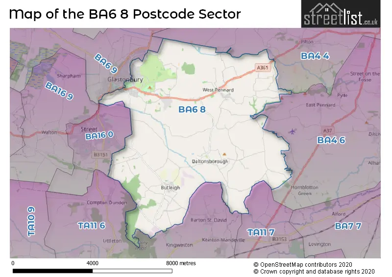 Map of the BA6 8 and surrounding postcode sector