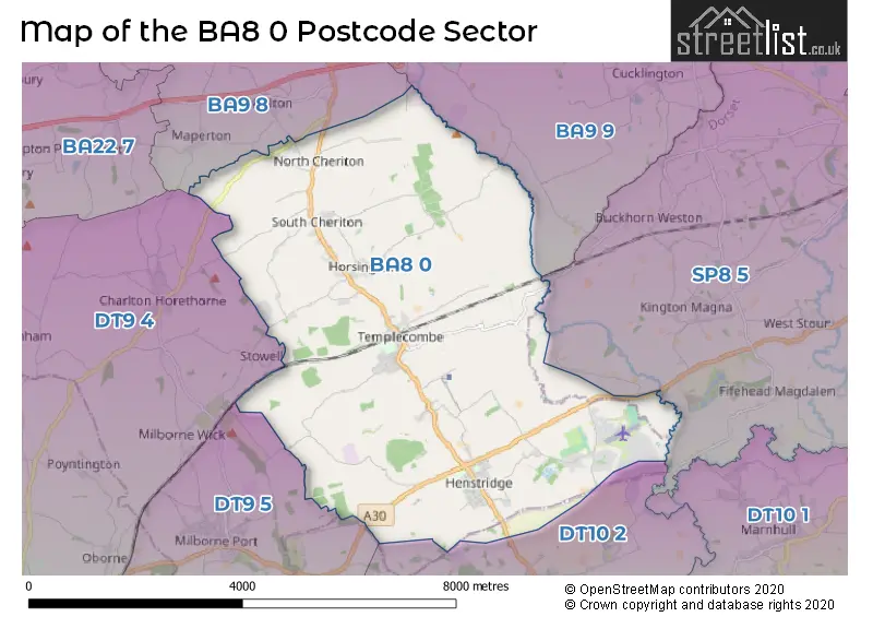 Map of the BA8 0 and surrounding postcode sector