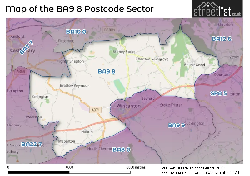 Map of the BA9 8 and surrounding postcode sector