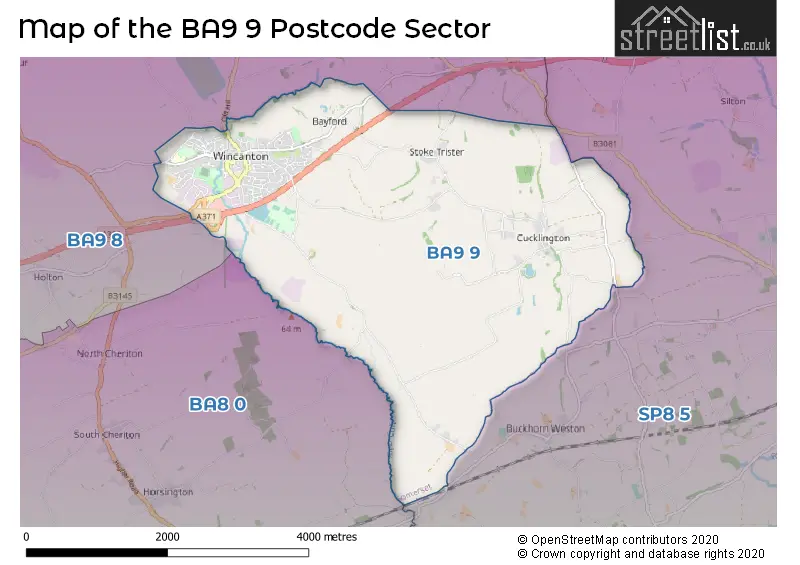 Map of the BA9 9 and surrounding postcode sector