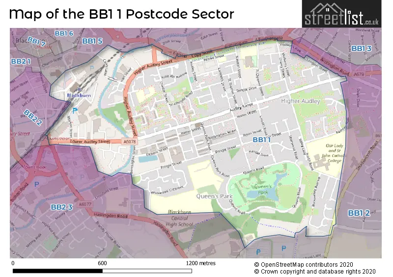 Map of the BB1 1 and surrounding postcode sector