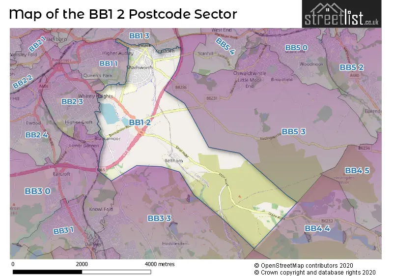 Map of the BB1 2 and surrounding postcode sector
