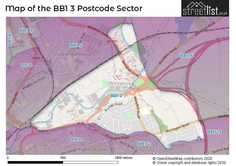 Map of the BB1 3 and surrounding postcode sector