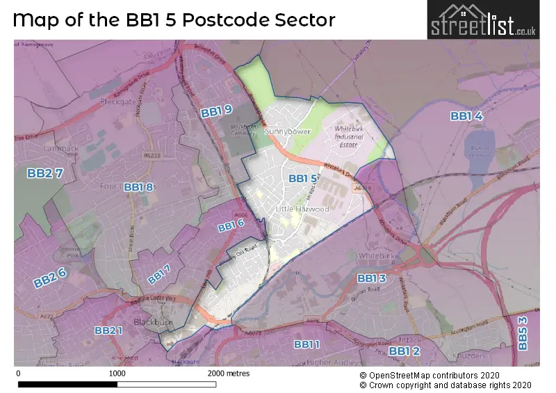 Map of the BB1 5 and surrounding postcode sector