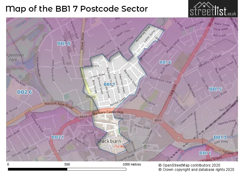 Map of the BB1 7 and surrounding postcode sector