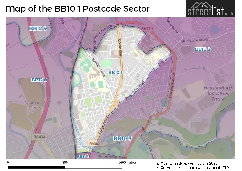 Map of the BB10 1 and surrounding postcode sector