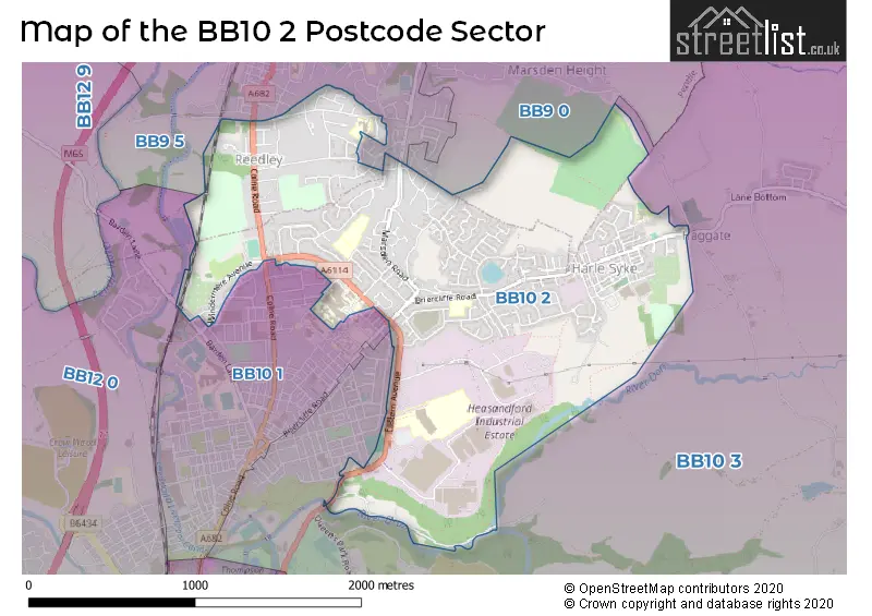 Map of the BB10 2 and surrounding postcode sector