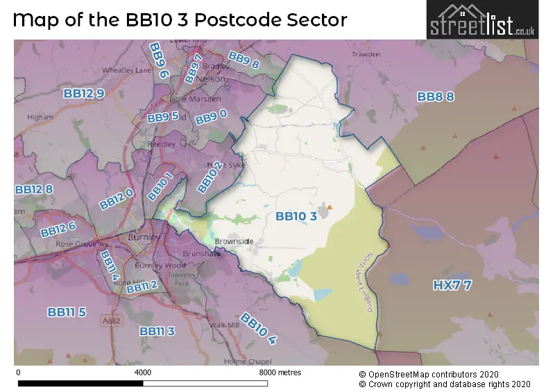 Map of the BB10 3 and surrounding postcode sector
