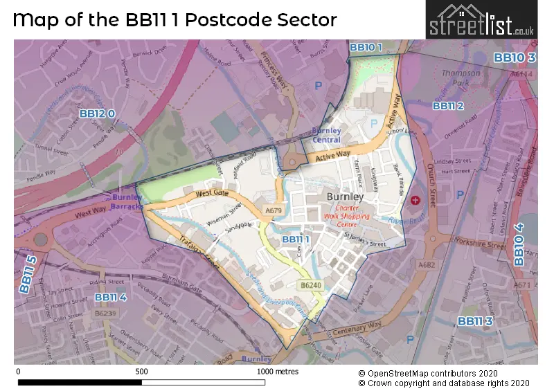 Map of the BB11 1 and surrounding postcode sector