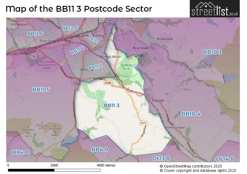 Map of the BB11 3 and surrounding postcode sector