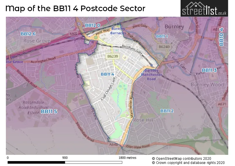 Map of the BB11 4 and surrounding postcode sector