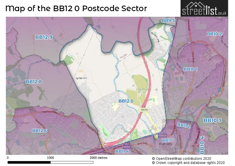 Map of the BB12 0 and surrounding postcode sector