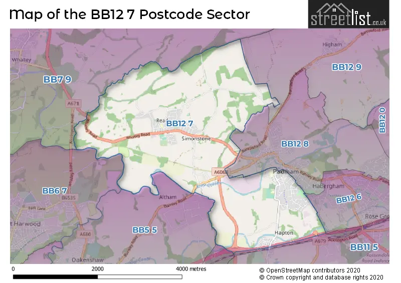 Map of the BB12 7 and surrounding postcode sector