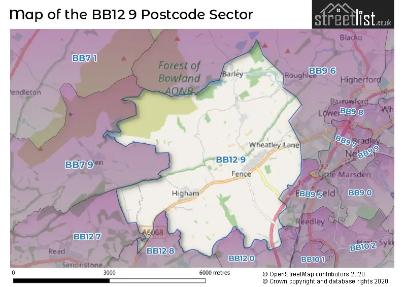 Map of the BB12 9 and surrounding postcode sector