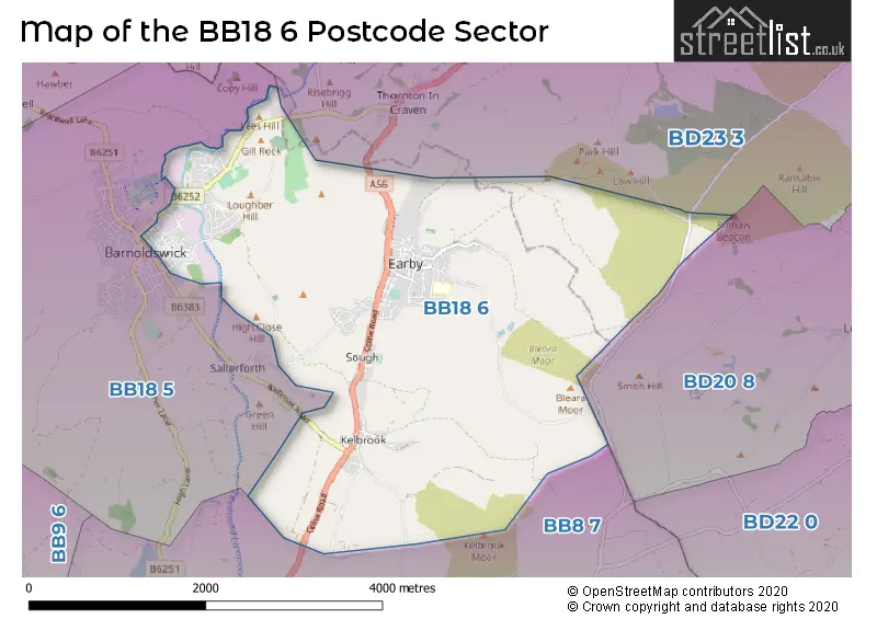 Map of the BB18 6 and surrounding postcode sector
