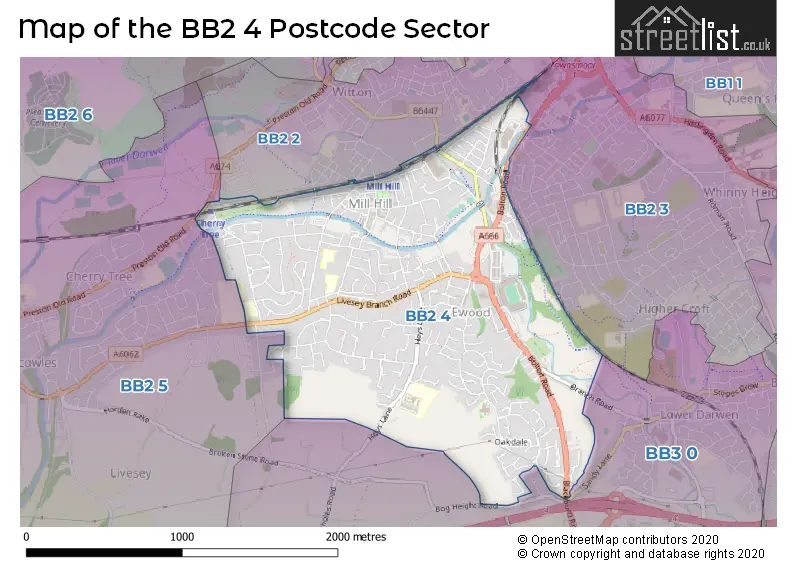Map of the BB2 4 and surrounding postcode sector