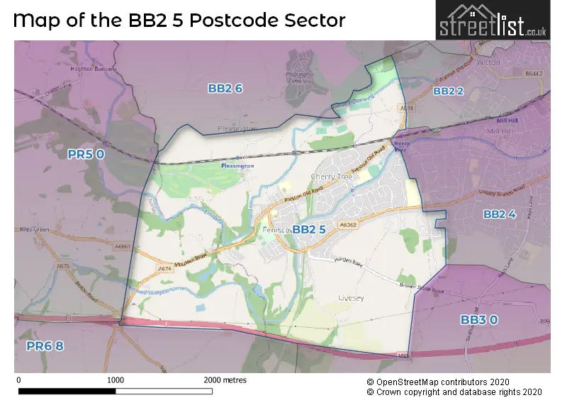 Map of the BB2 5 and surrounding postcode sector