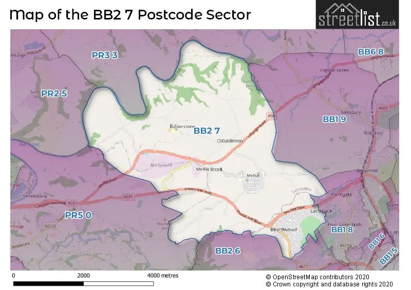 Map of the BB2 7 and surrounding postcode sector