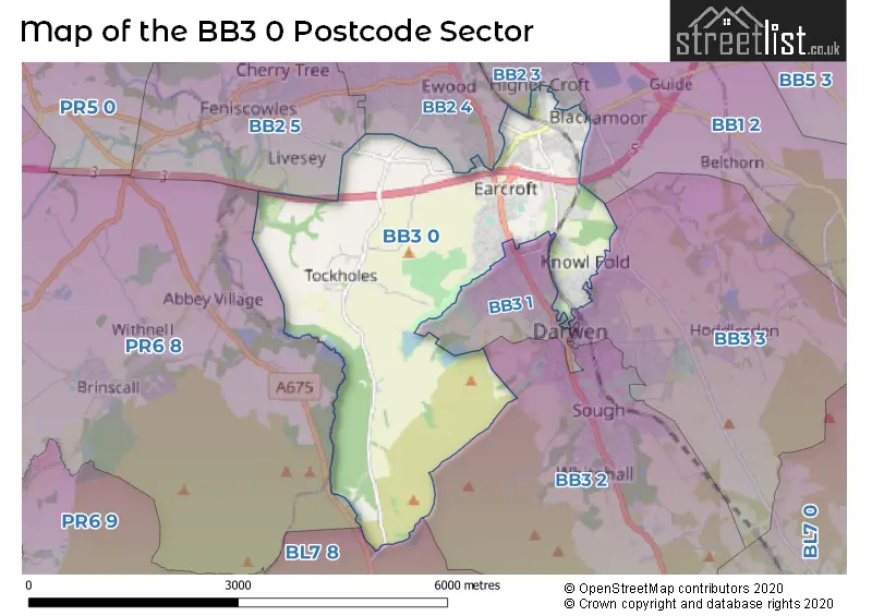 Map of the BB3 0 and surrounding postcode sector