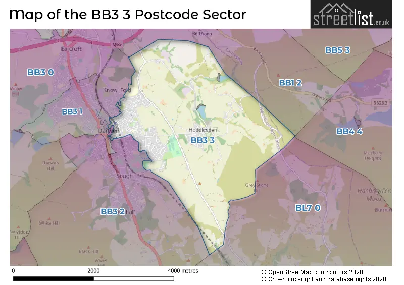 Map of the BB3 3 and surrounding postcode sector