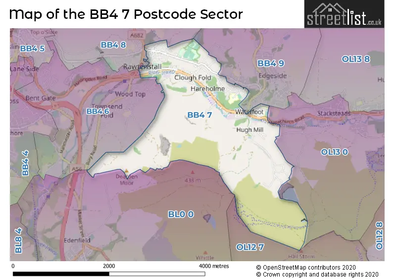 Map of the BB4 7 and surrounding postcode sector
