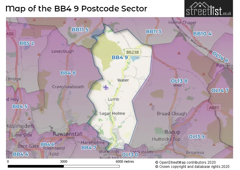 Map of the BB4 9 and surrounding postcode sector