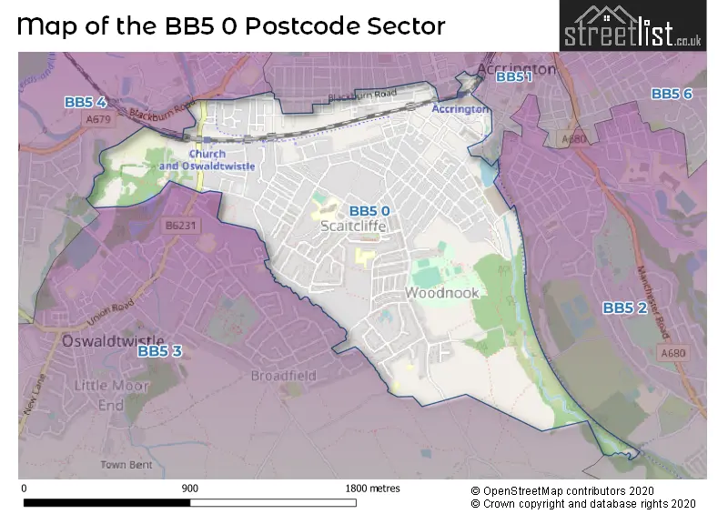 Map of the BB5 0 and surrounding postcode sector