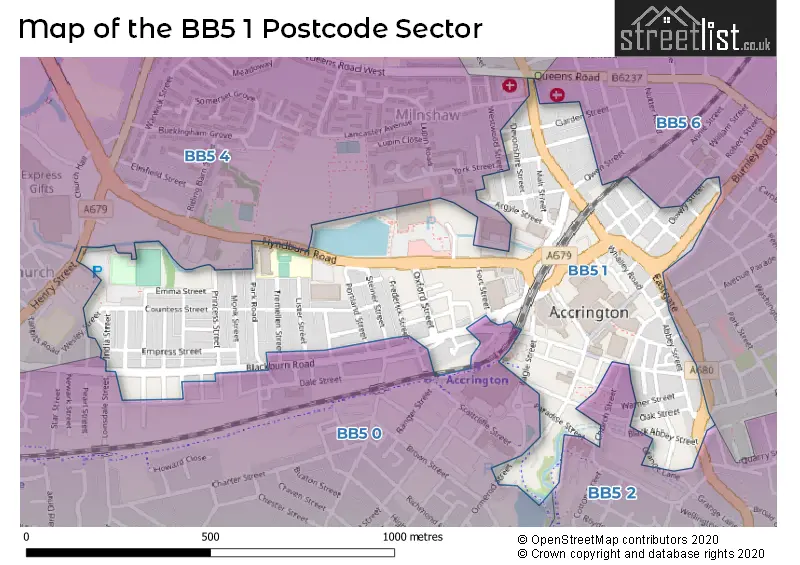 Map of the BB5 1 and surrounding postcode sector