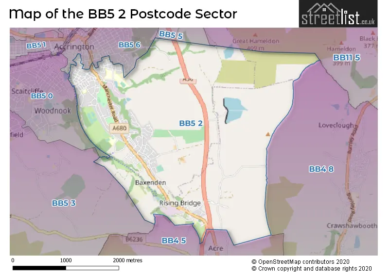 Map of the BB5 2 and surrounding postcode sector