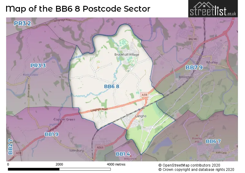 Map of the BB6 8 and surrounding postcode sector
