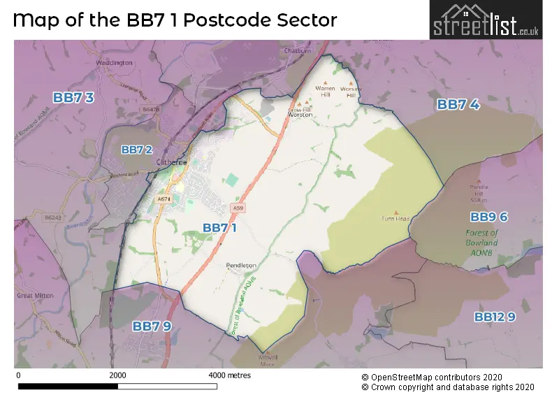 Map of the BB7 1 and surrounding postcode sector