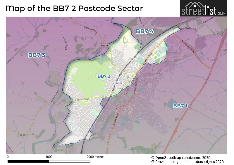 Map of the BB7 2 and surrounding postcode sector