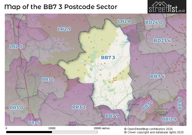 Map of the BB7 3 and surrounding postcode sector