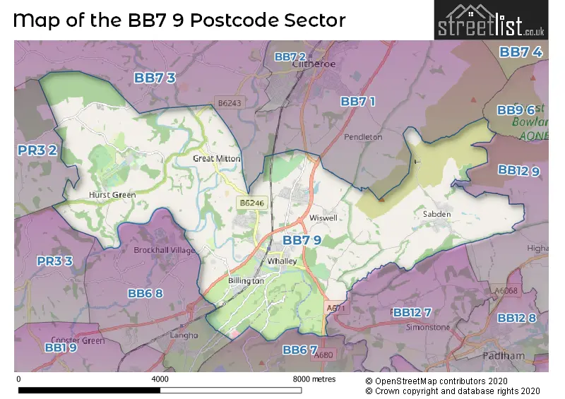 Map of the BB7 9 and surrounding postcode sector
