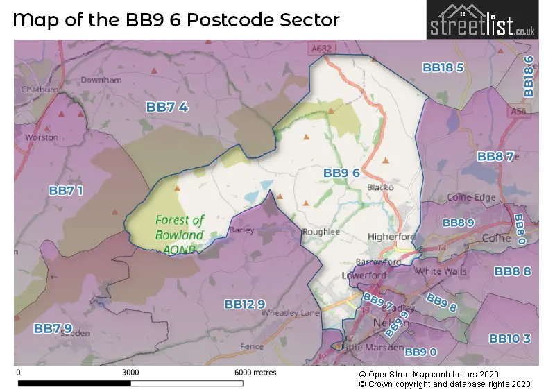 Map of the BB9 6 and surrounding postcode sector