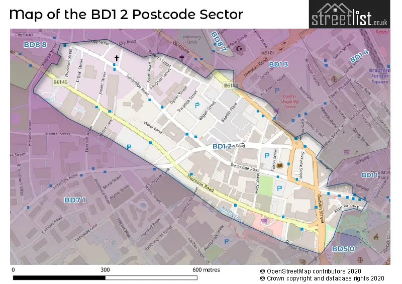 Map of the BD1 2 and surrounding postcode sector
