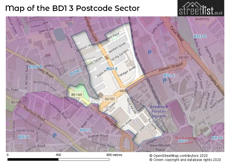 Map of the BD1 3 and surrounding postcode sector