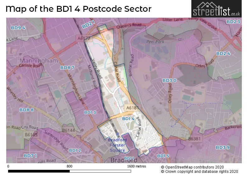 Map of the BD1 4 and surrounding postcode sector