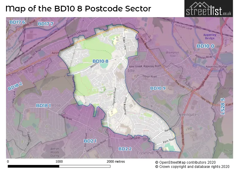 Map of the BD10 8 and surrounding postcode sector