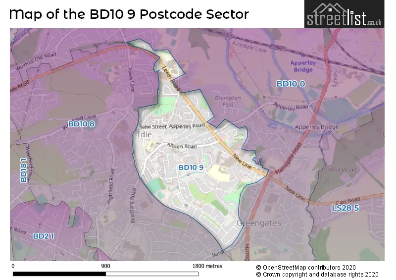 Map of the BD10 9 and surrounding postcode sector