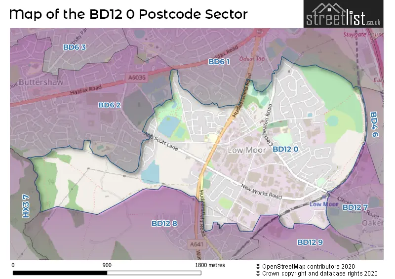 Map of the BD12 0 and surrounding postcode sector