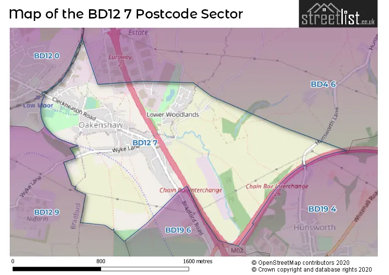 Map of the BD12 7 and surrounding postcode sector