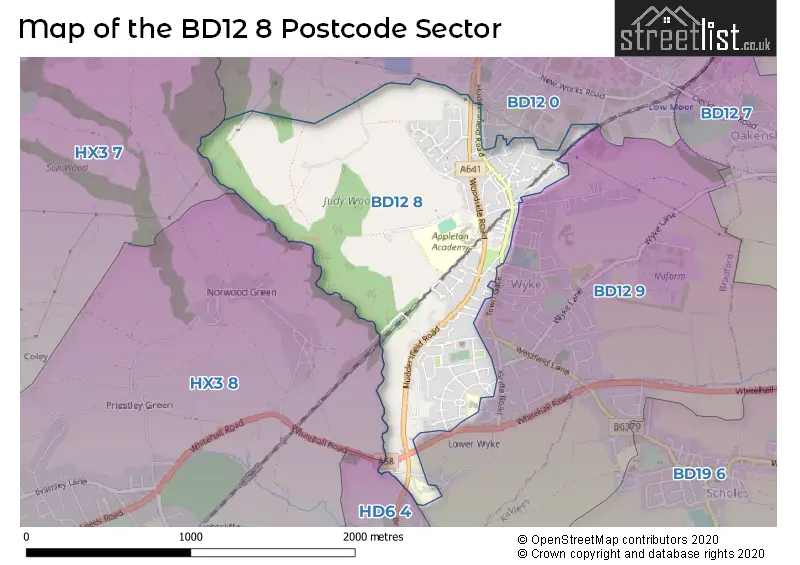 Map of the BD12 8 and surrounding postcode sector