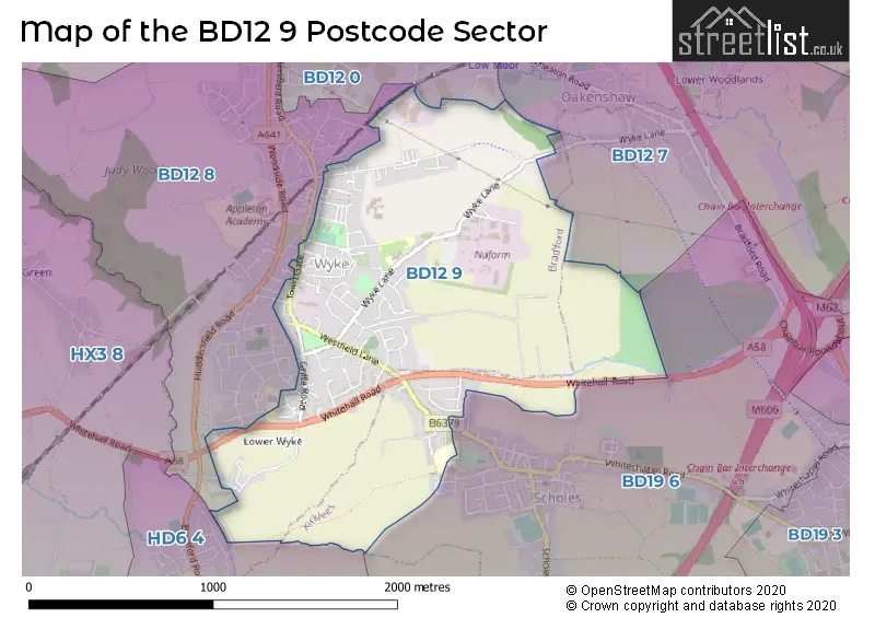 Map of the BD12 9 and surrounding postcode sector