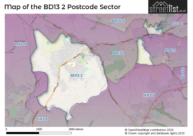 Map of the BD13 2 and surrounding postcode sector