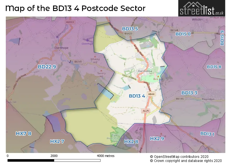 Map of the BD13 4 and surrounding postcode sector