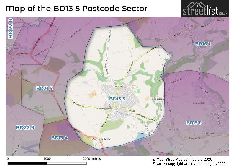 Map of the BD13 5 and surrounding postcode sector