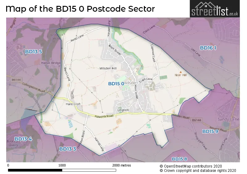 Map of the BD15 0 and surrounding postcode sector