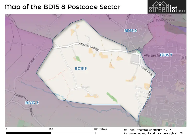 Map of the BD15 8 and surrounding postcode sector